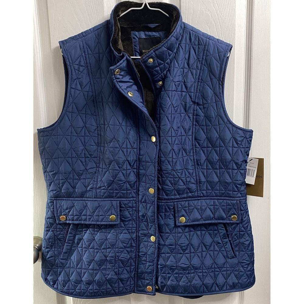 Weatherproof Women Quilted Puffer Navy Blue Fleece Lined Vest Zip&Snap XL-NWT